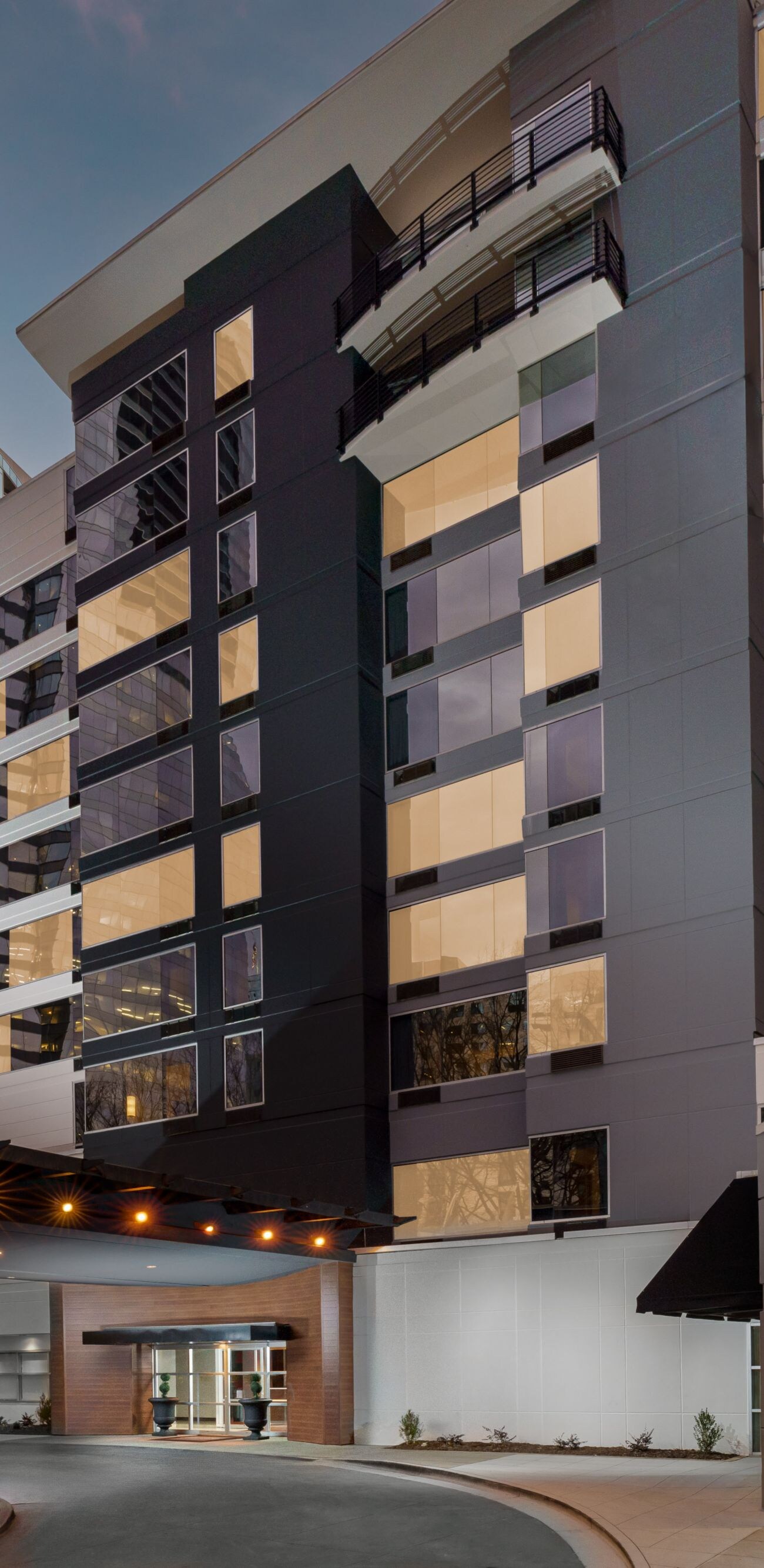 Exterior of the hotel at dusk