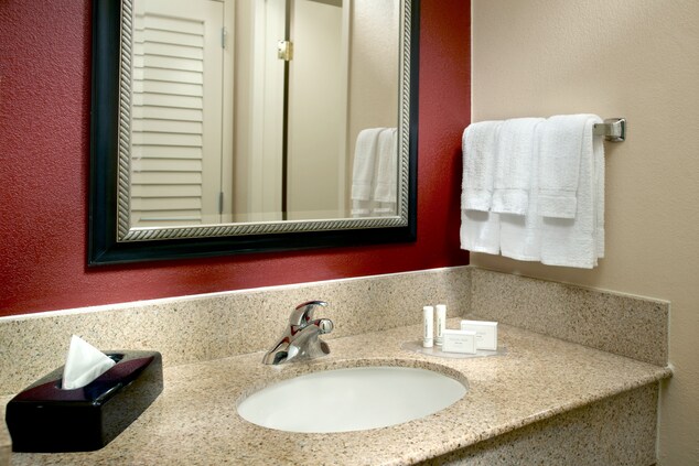 bathroom vanity with mirror, towels & toiletries