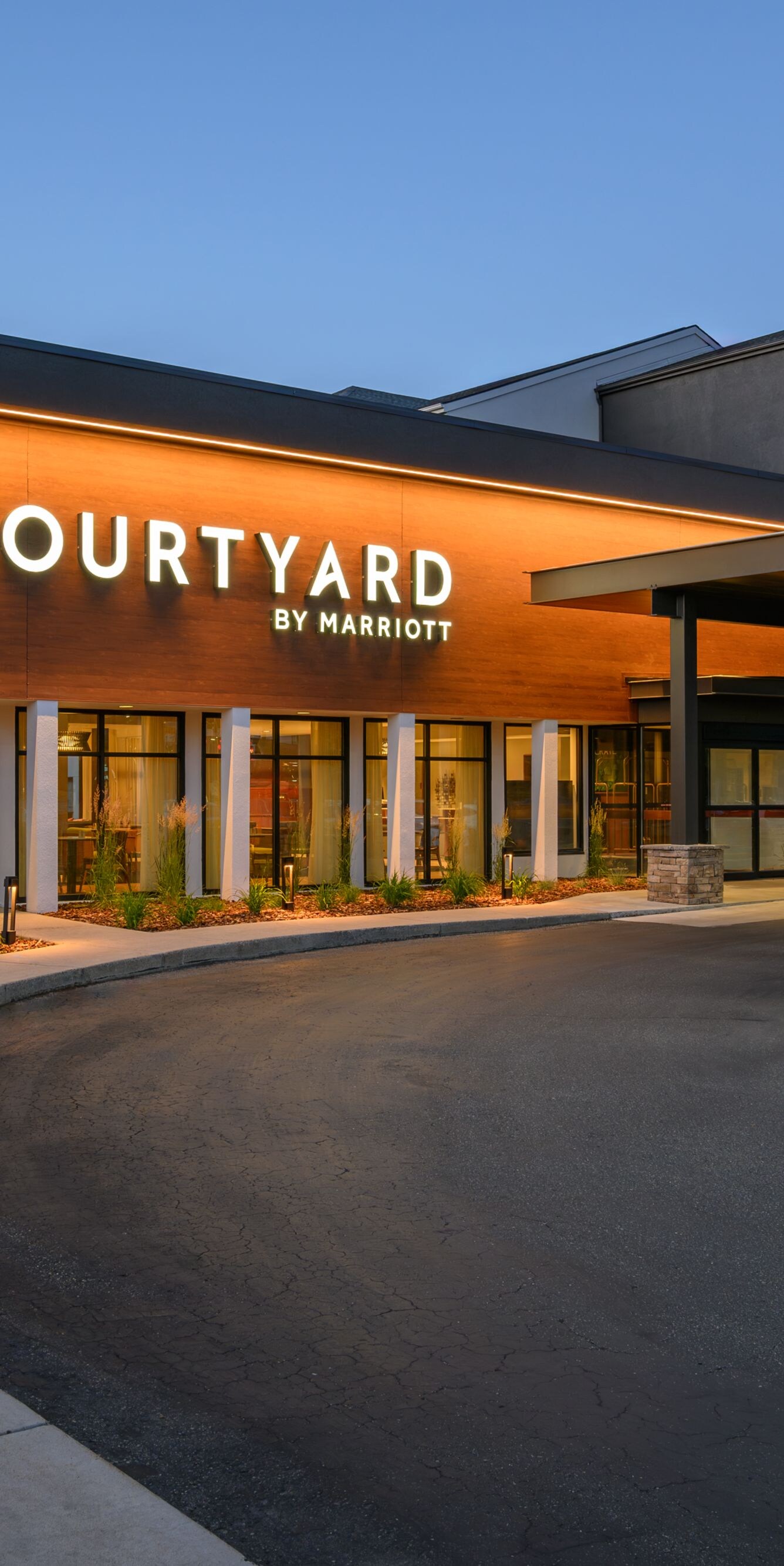 Hotel entrance and logo. 