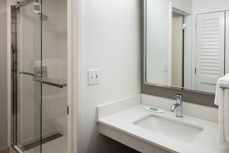 Overview of bathroom with shower