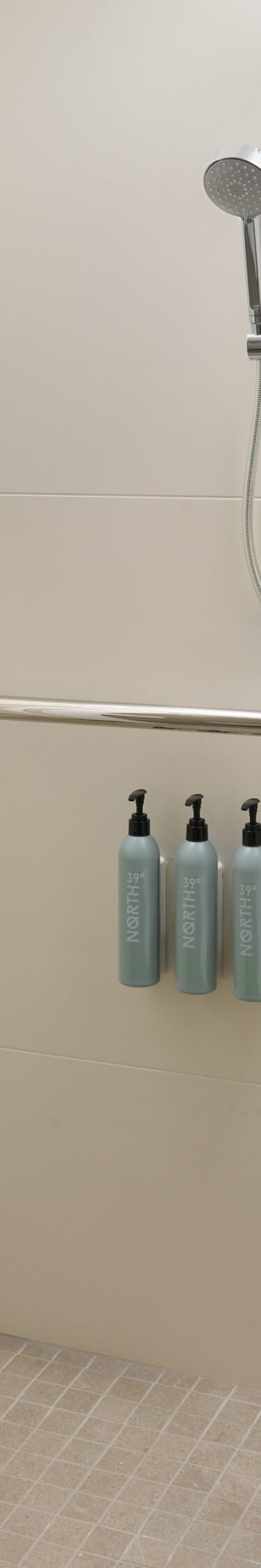 seat, amenities, grab bars, shower head, towels