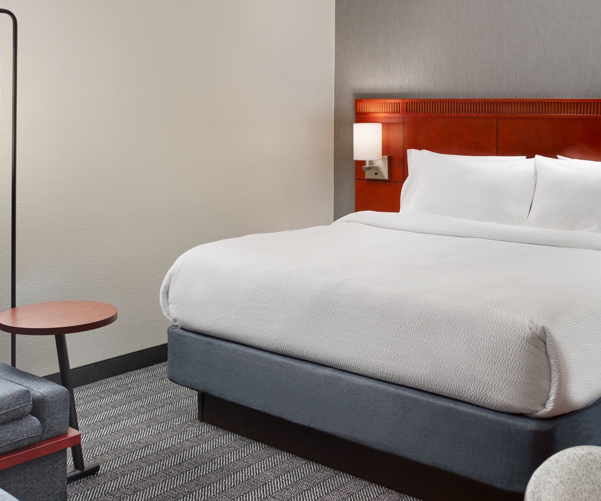 bed, sofa, lamp, chair, desk, table