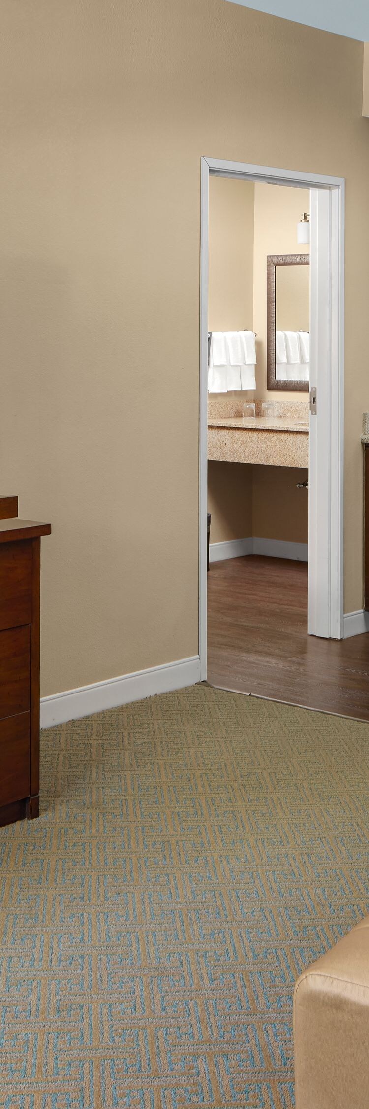 Suite guest room living space with soft seating, d