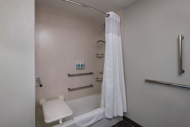 Accessible bathroom with grab bars and tub seating