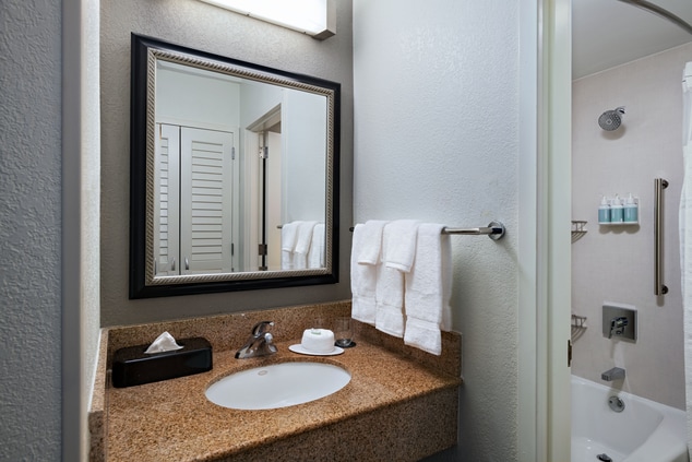 Accessible bathroom with grab bar and vanity