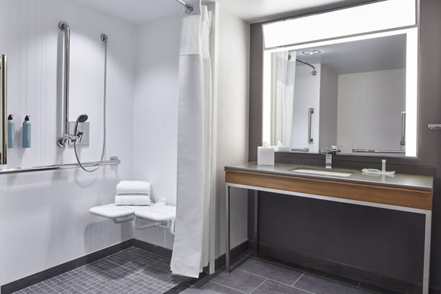accessible shower, roll-in shower, bathroom vanity