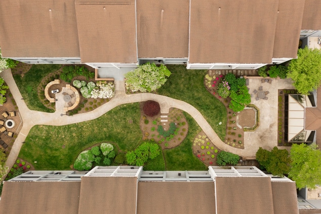 Aerial view of the courtyard with gardens