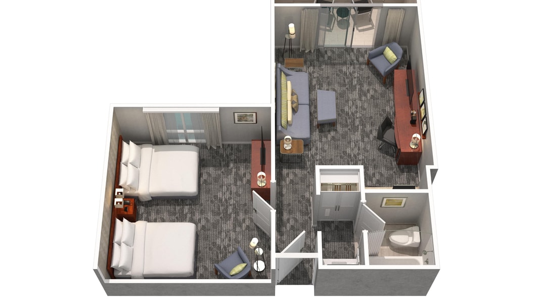 Suite con 2 camas dobles - Plano de planta en 3D