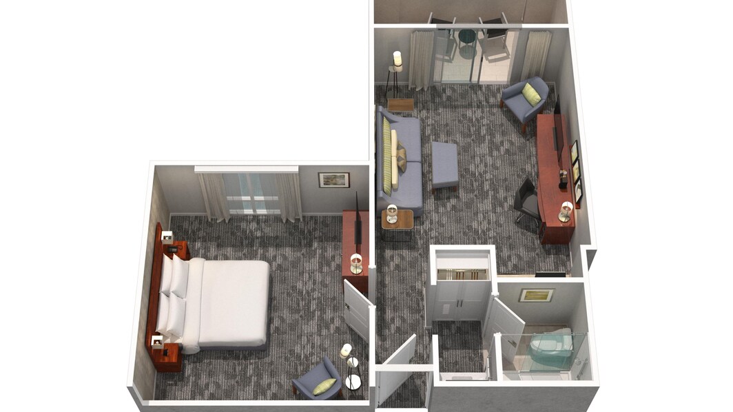 Plano de planta en 3D de la suite con una cama tamaño King