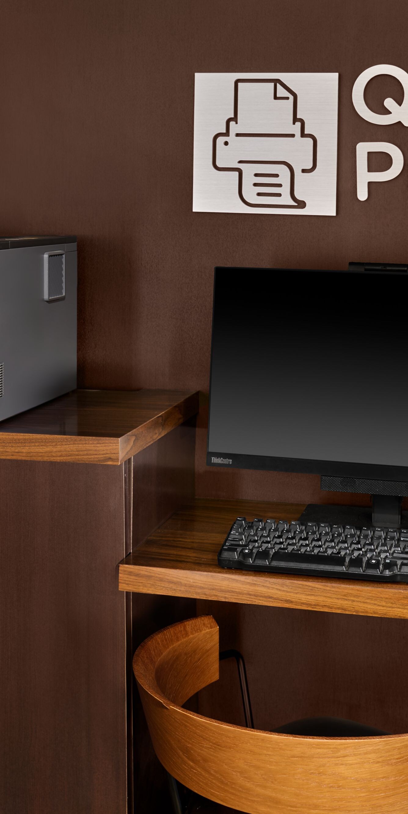 Computer workstation with monitor, keyboard, and p