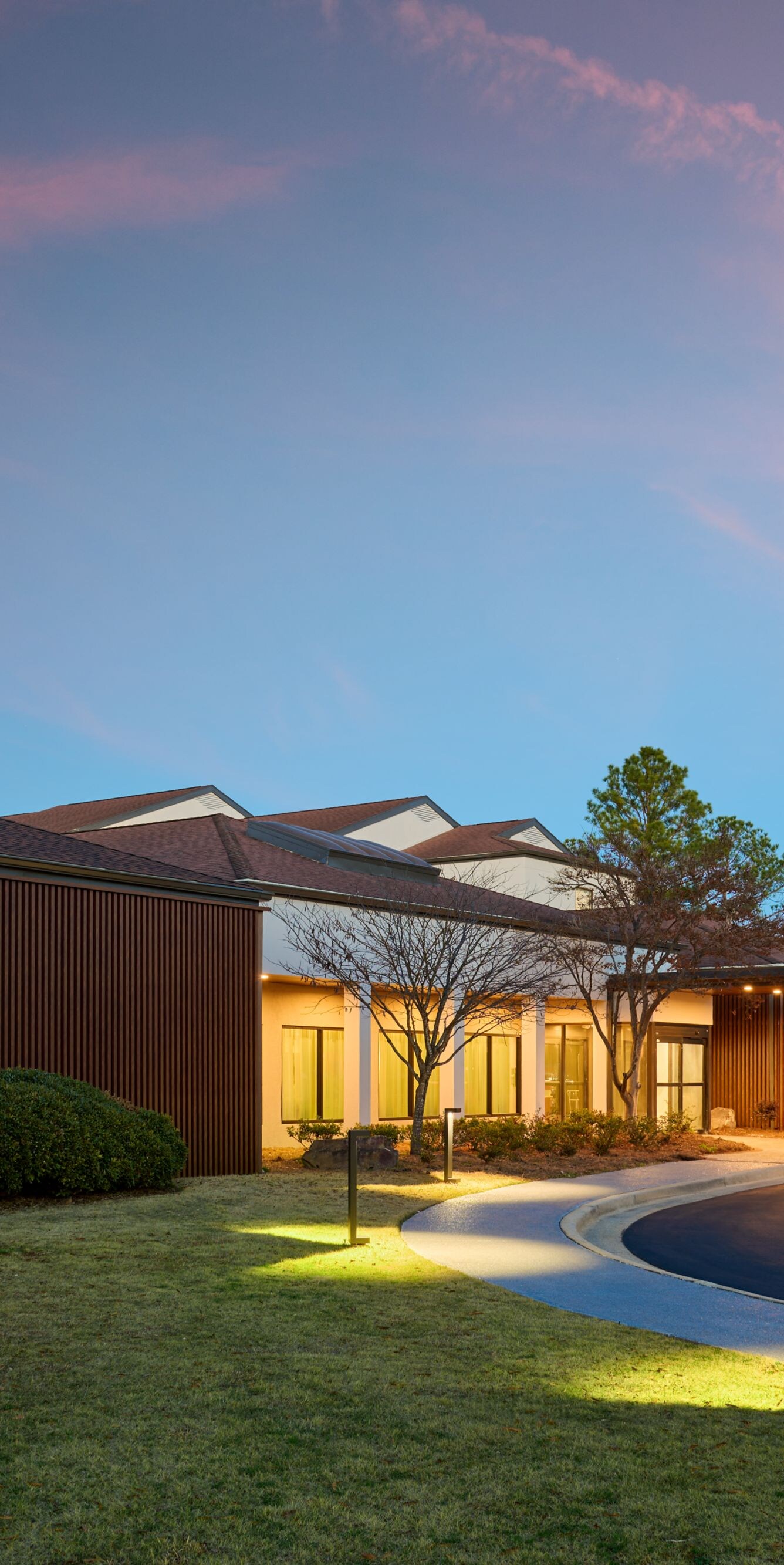 hotel exterior at dusk