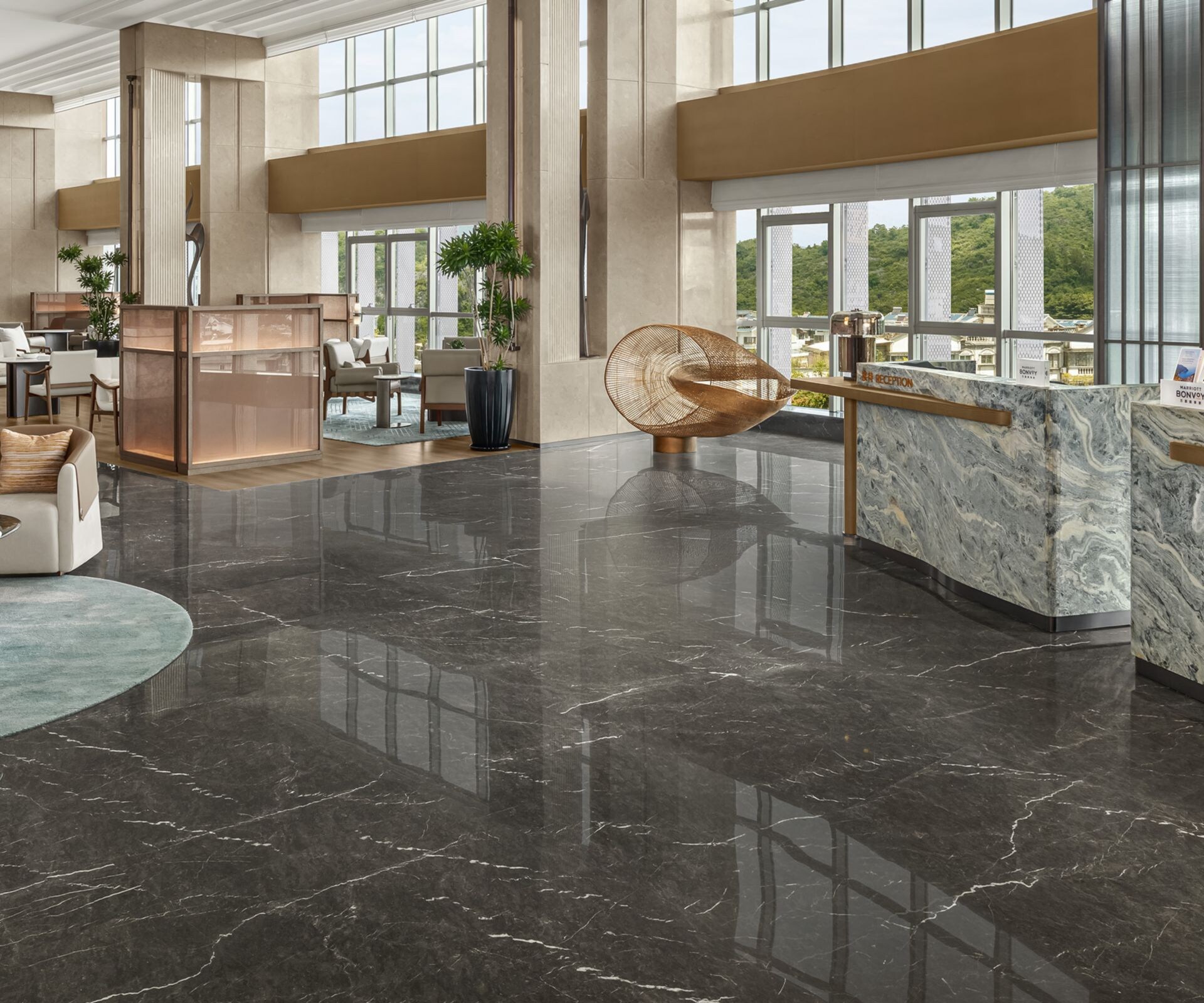 Welcoming and spacious hotel lobby with modern dec