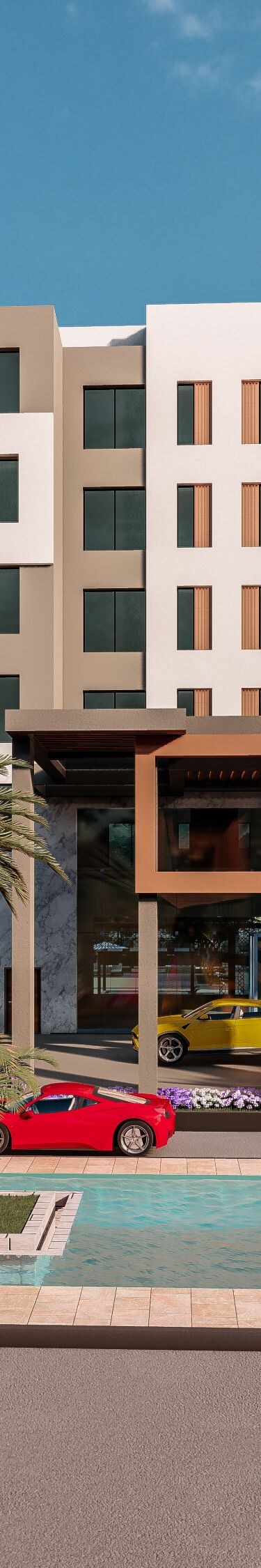 فناء خارجي مع أشجار النخيل ومسبح