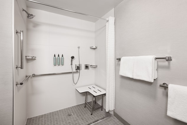 Roll-in shower with pull down seat