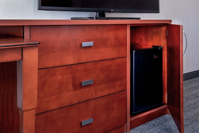 TV Stand with shelving options and mini fridge
