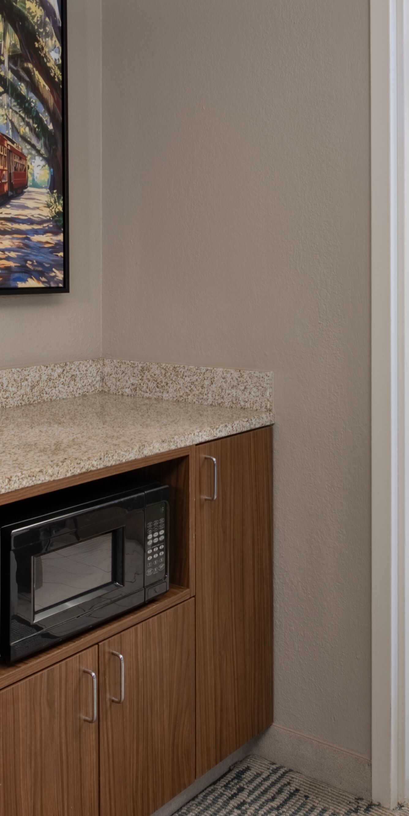 counter with mini-fridge and microwave