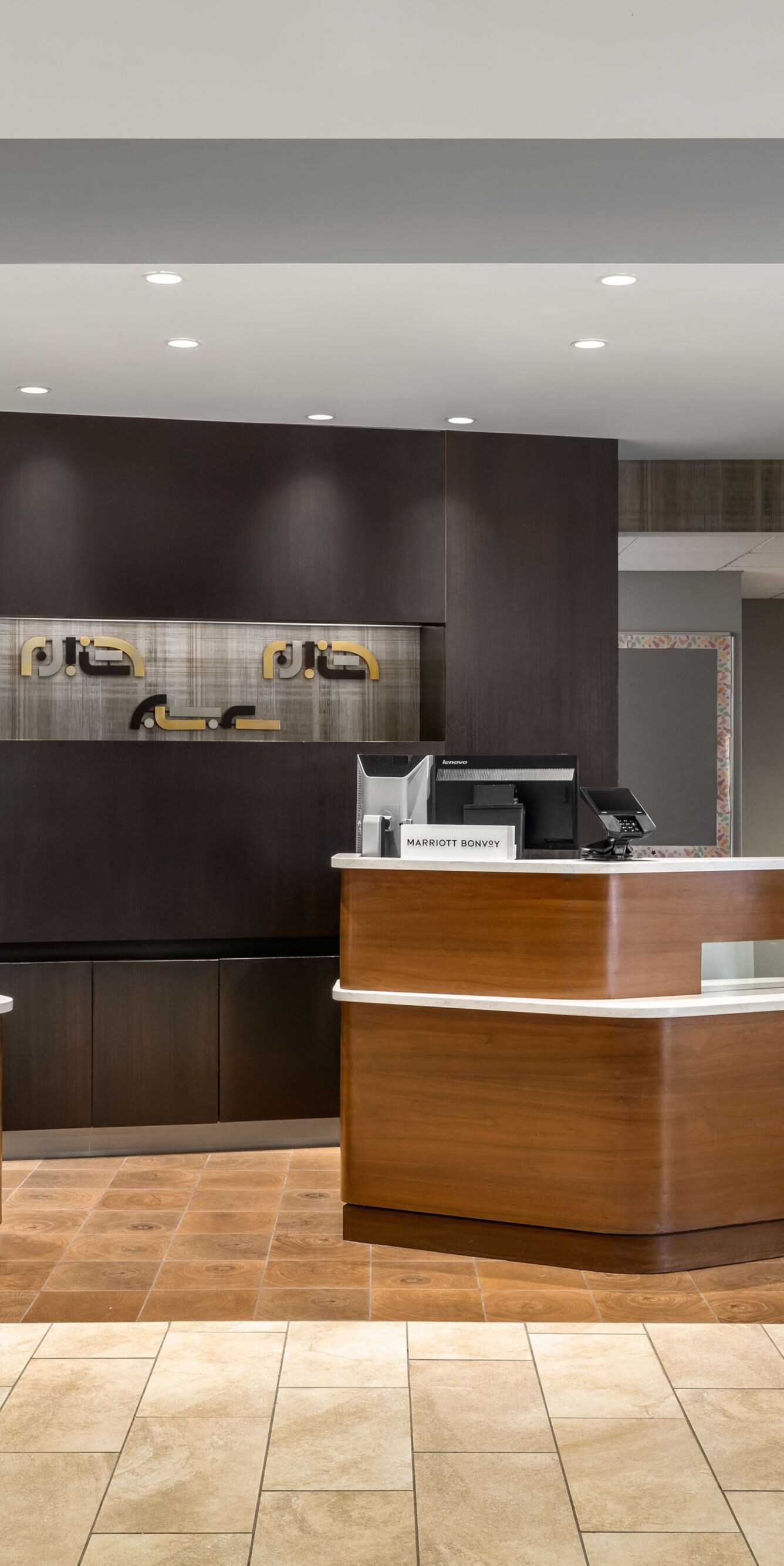 Reception desks and snack market in lobby