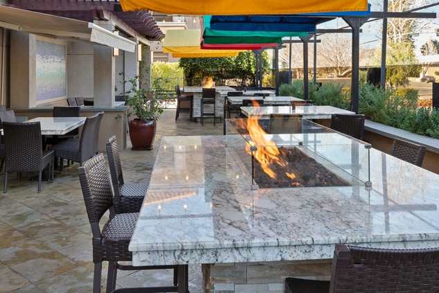 Outdoor patio, tables and chairs