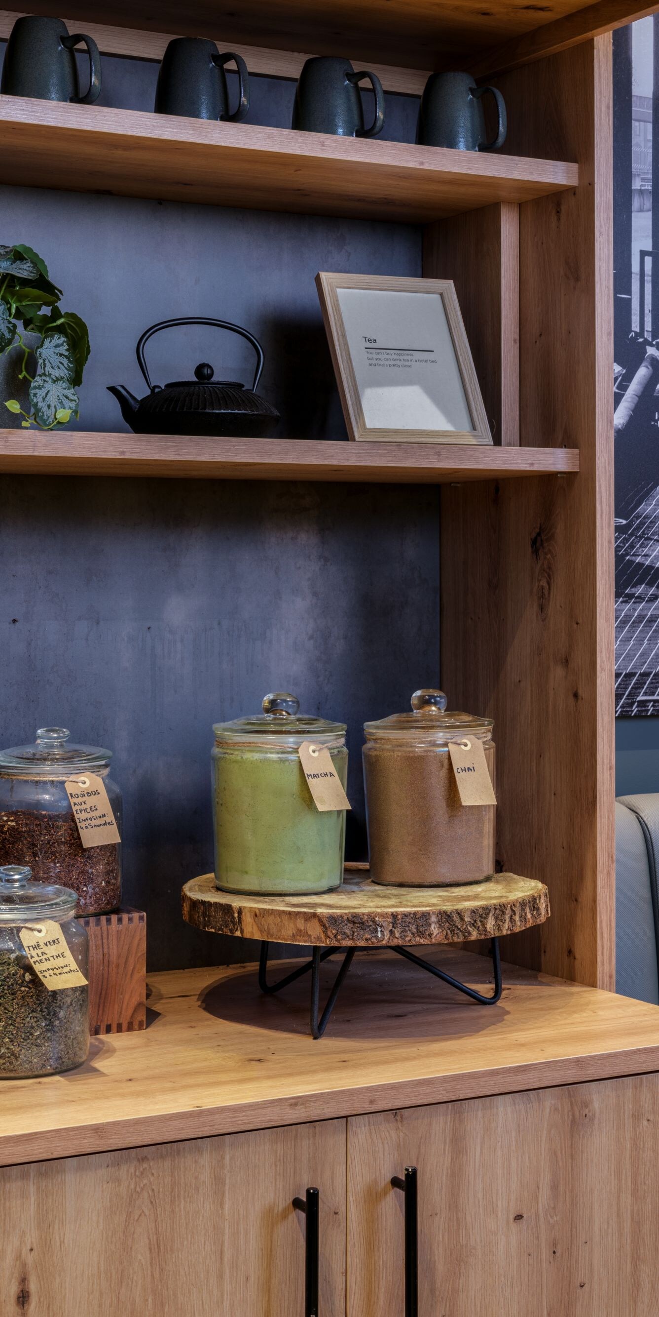 Tea station with artisanal tea jars