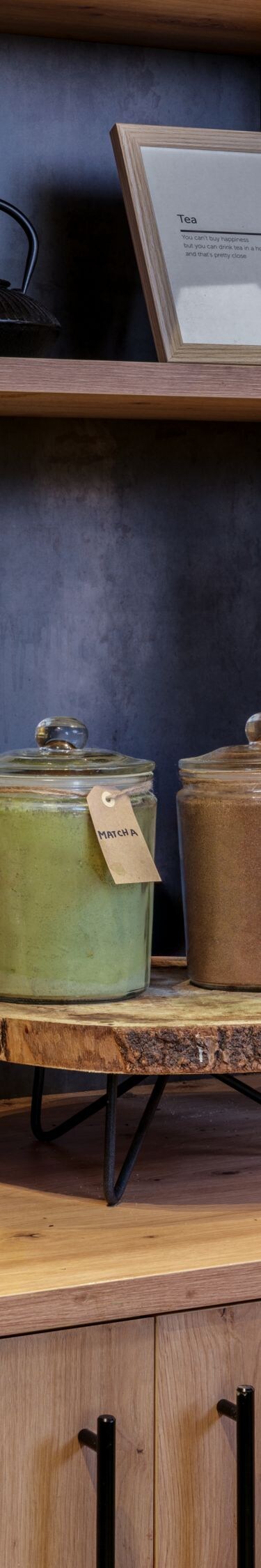 Tea station with artisanal tea jars