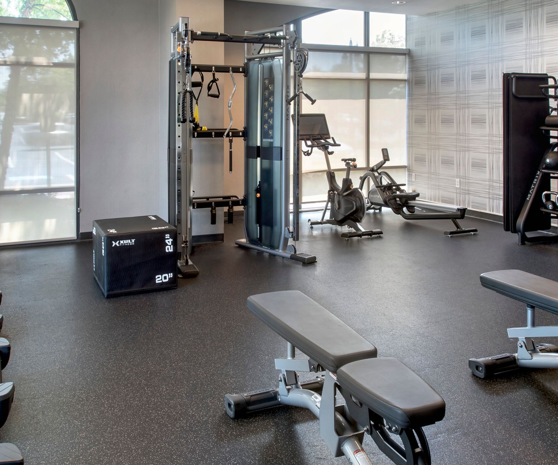 cardio equipment, weights, benches, towels