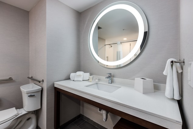 Bathroom vanity, mirror, and toilet 
