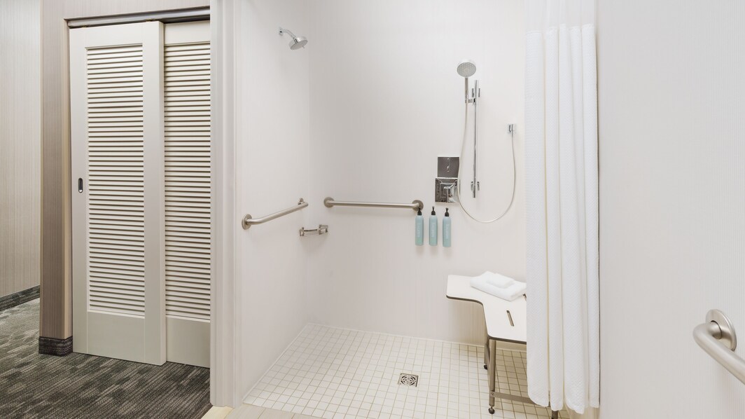 guest bathroom with roll in shower