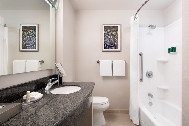 Get ready in style and comfort. Our guest bathrooms have been recently refreshed, and have just what you need to stay refreshed when away from home. Complimentary bath products are provided for all guests.