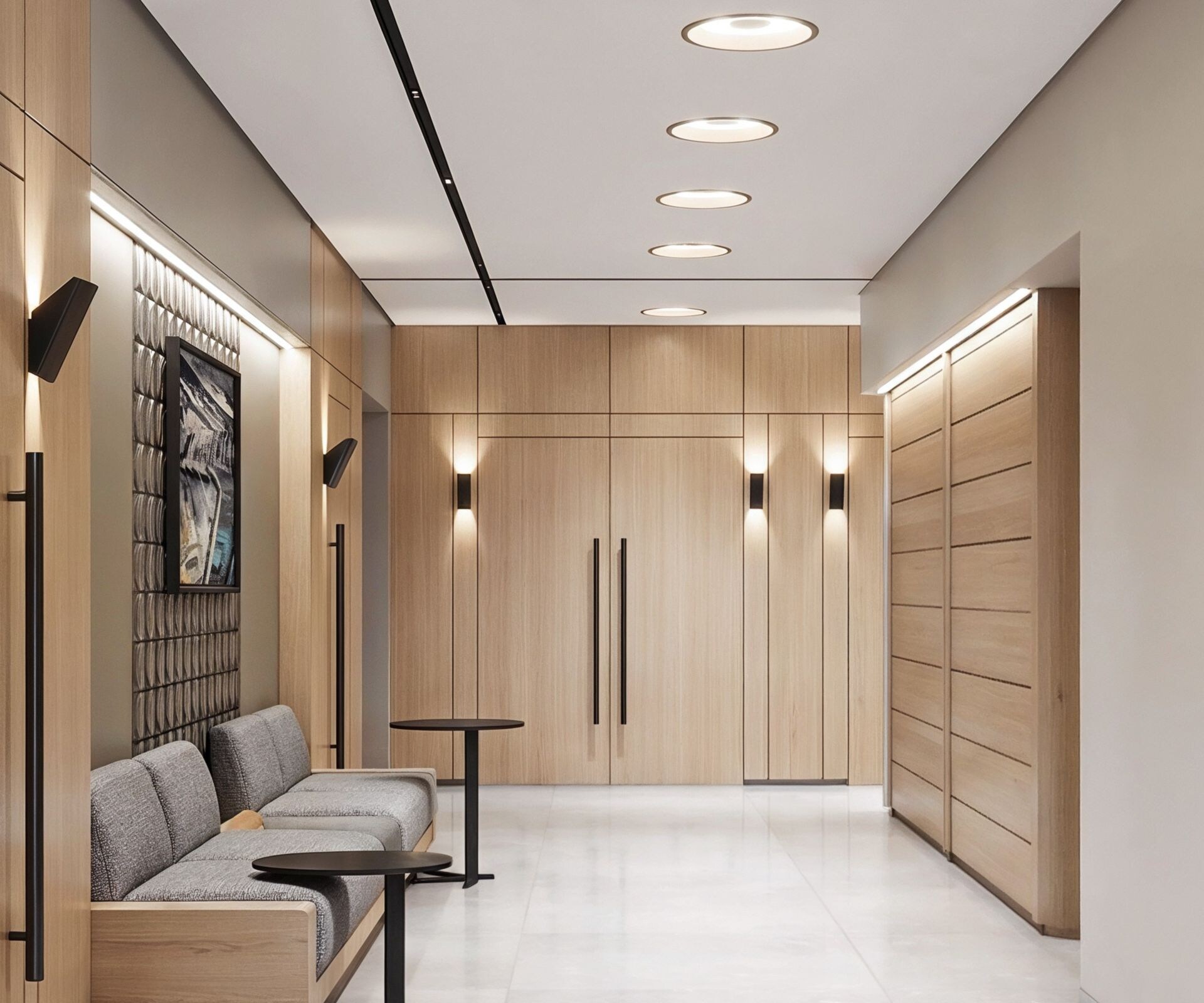 Modern hallway with wood accents