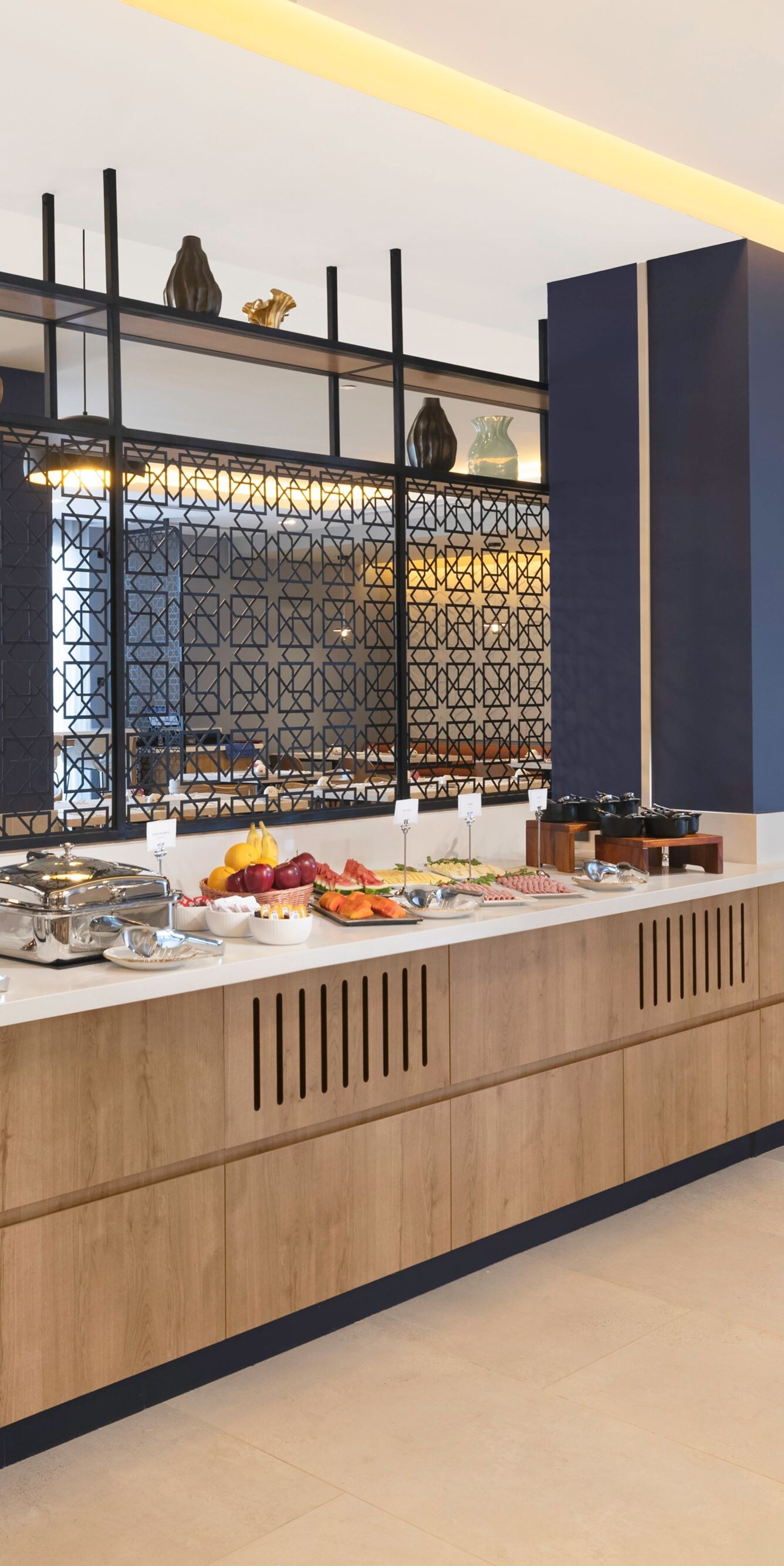 Breakfast buffet with fresh fruit and food