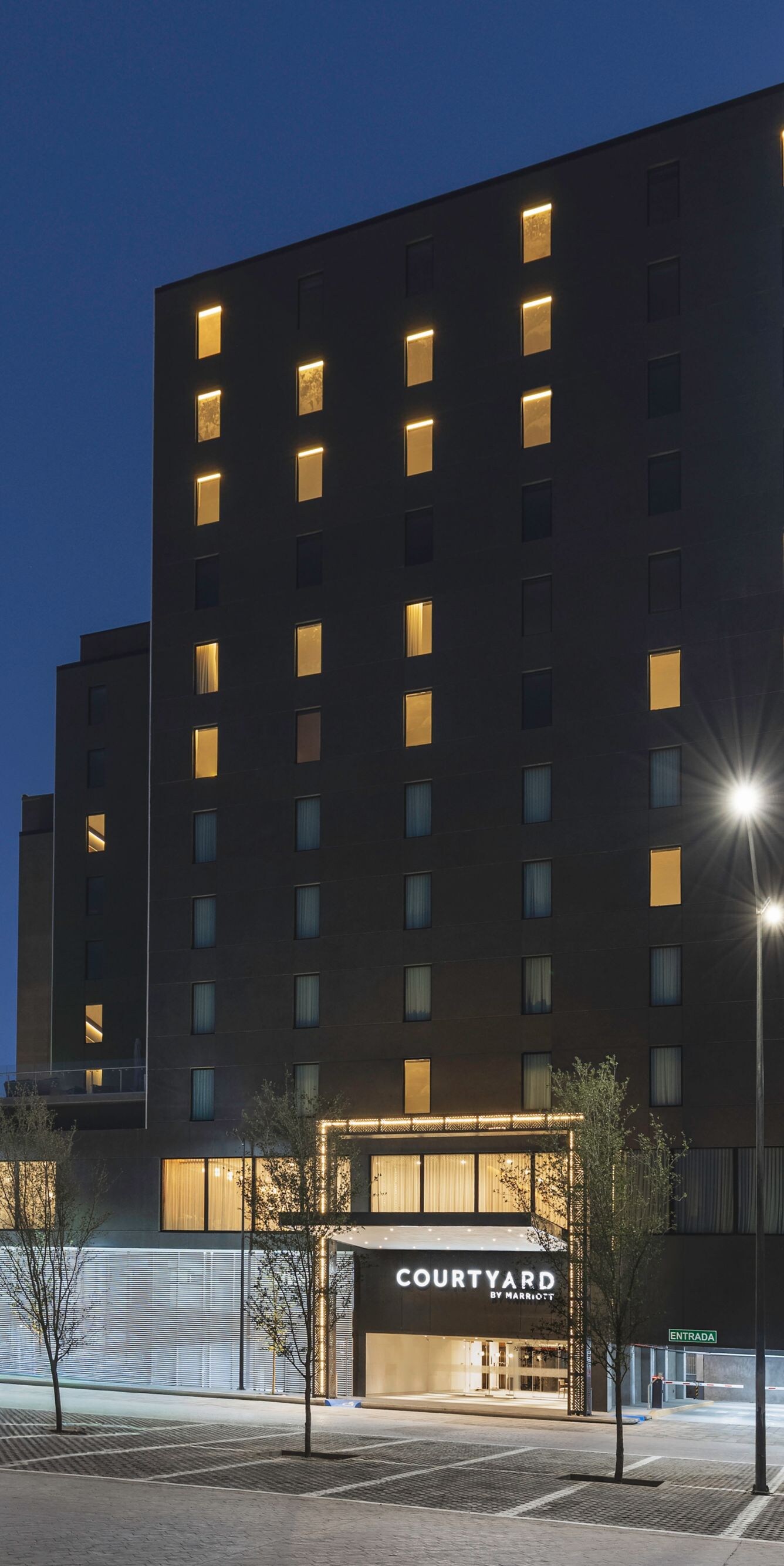 Exterior view of building at twilight