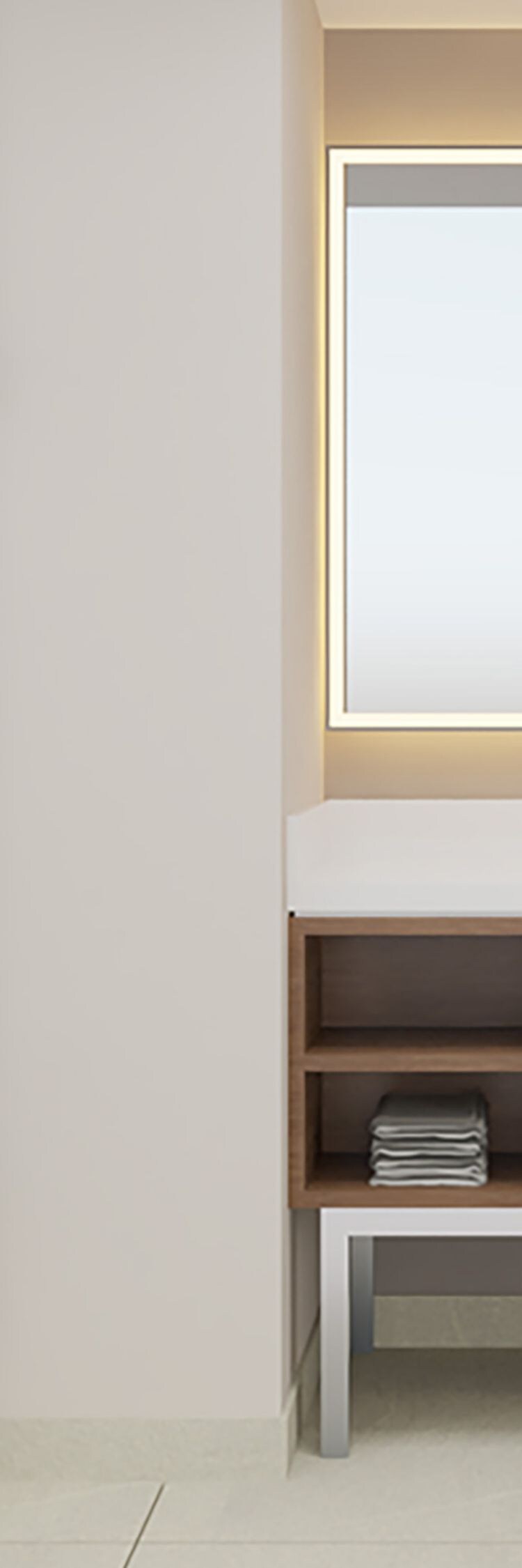 Hotel room bathroom with walk-in shower
