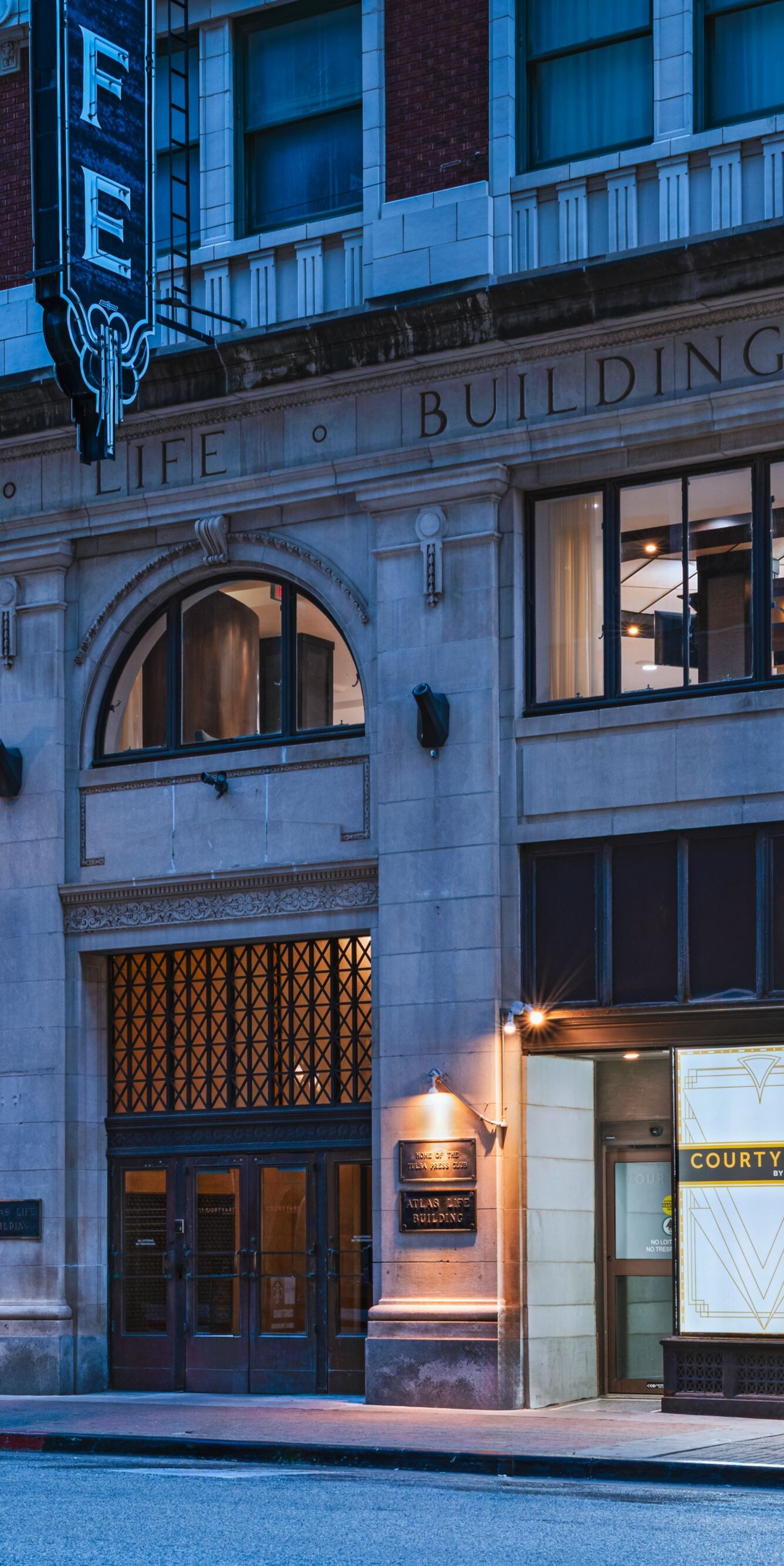 Historical hotel front at dusk