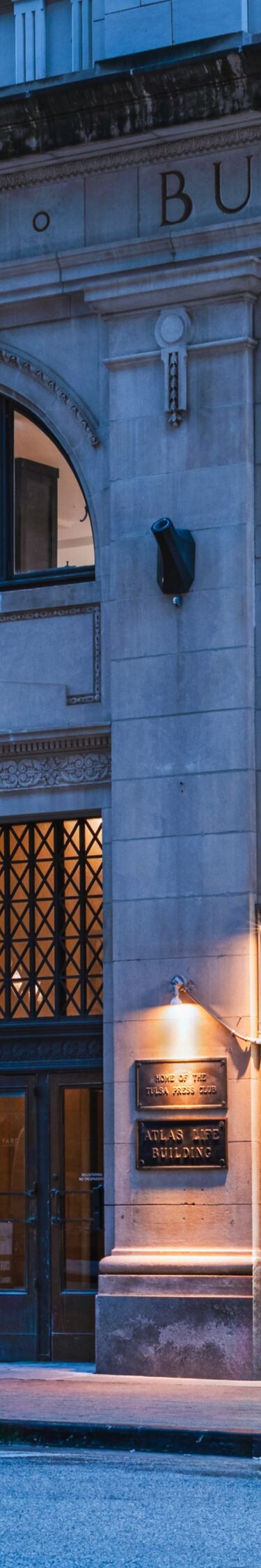 Historical hotel front at dusk