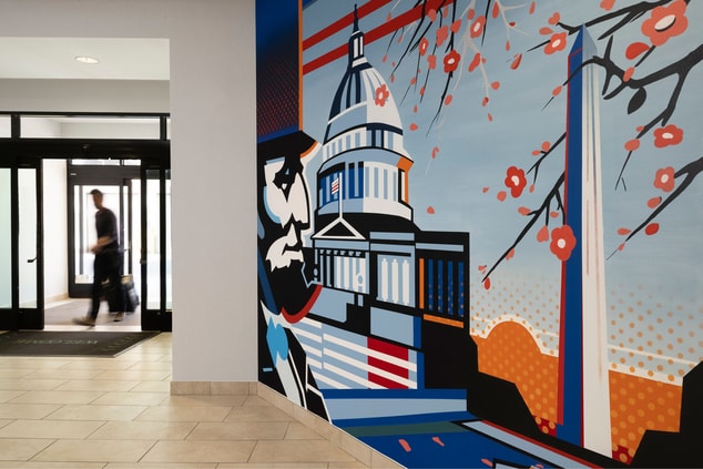 Hotel lobby entrance with artwork