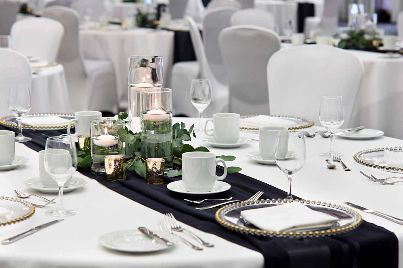 wedding, ballroom, flowers, white tables