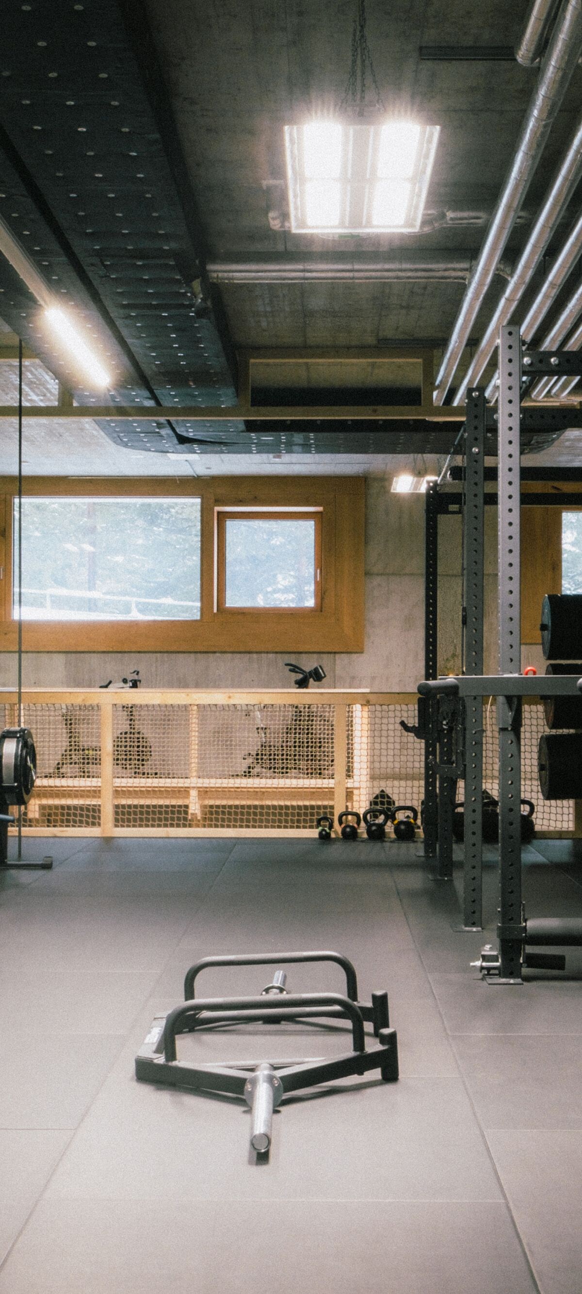 Modern gym with weights racks and machines