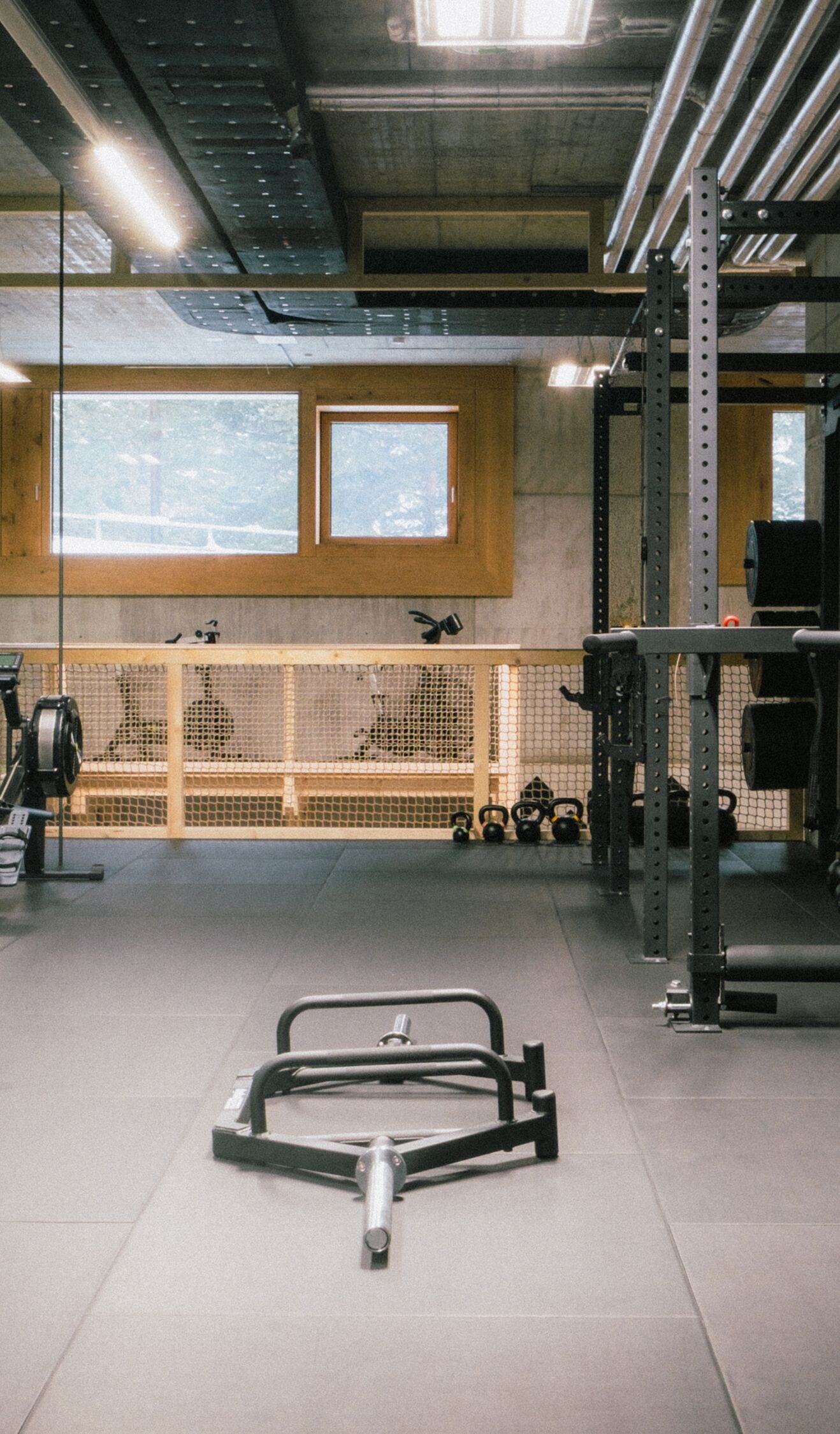 Modern gym with weights racks and machines