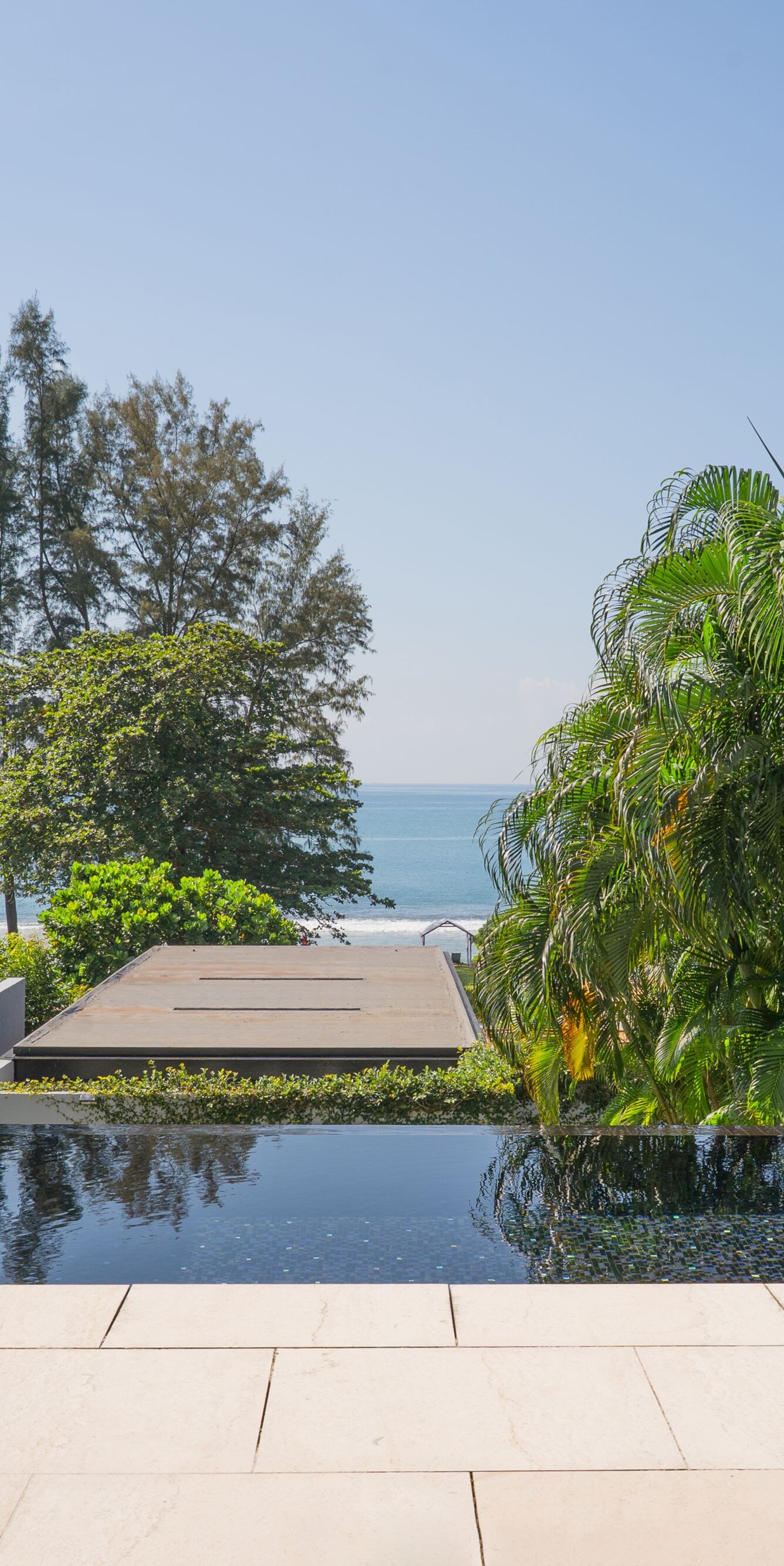 Infinity pool with lush greenery and ocean view