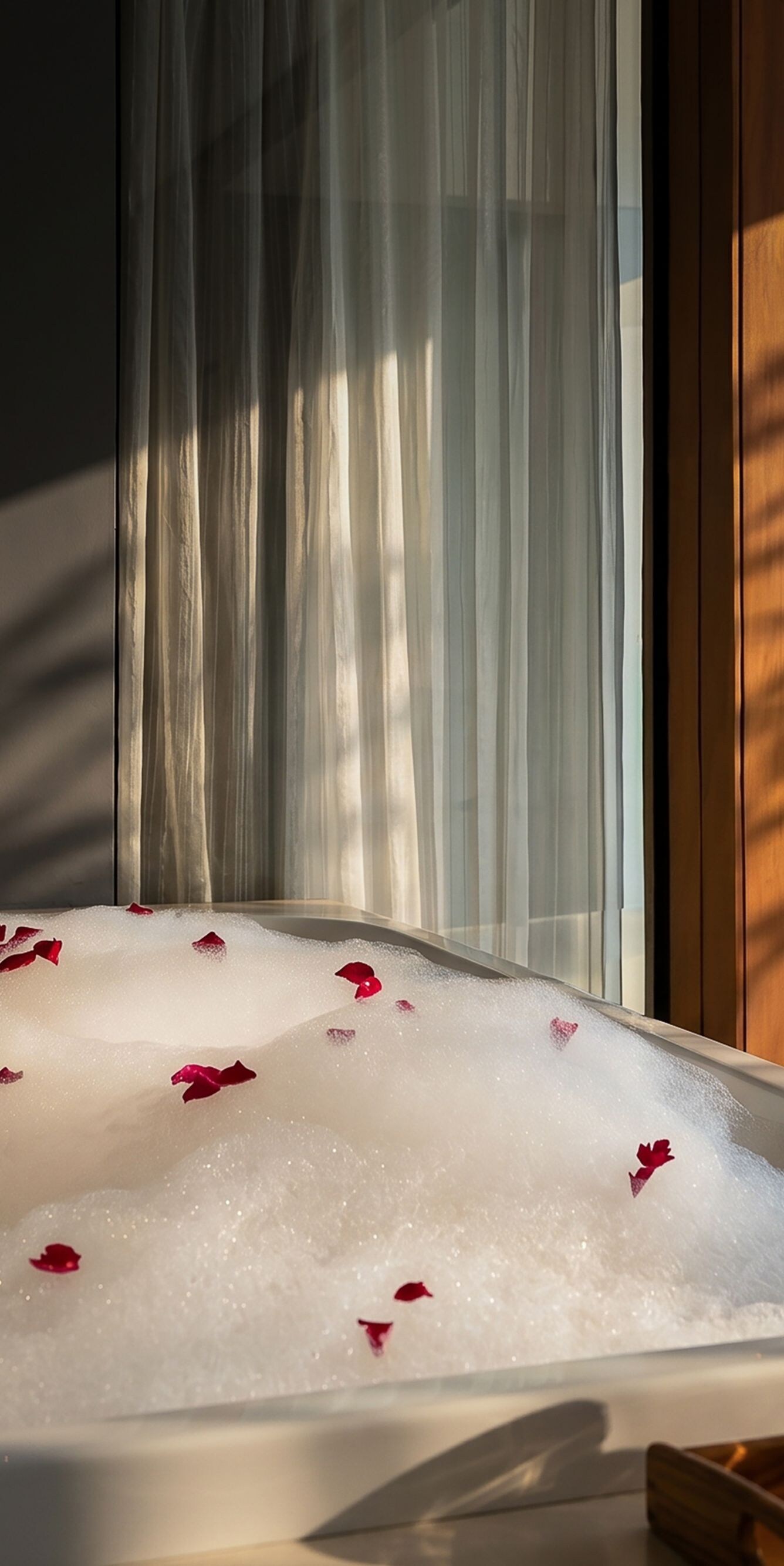 Bubble bath with rose petals. 