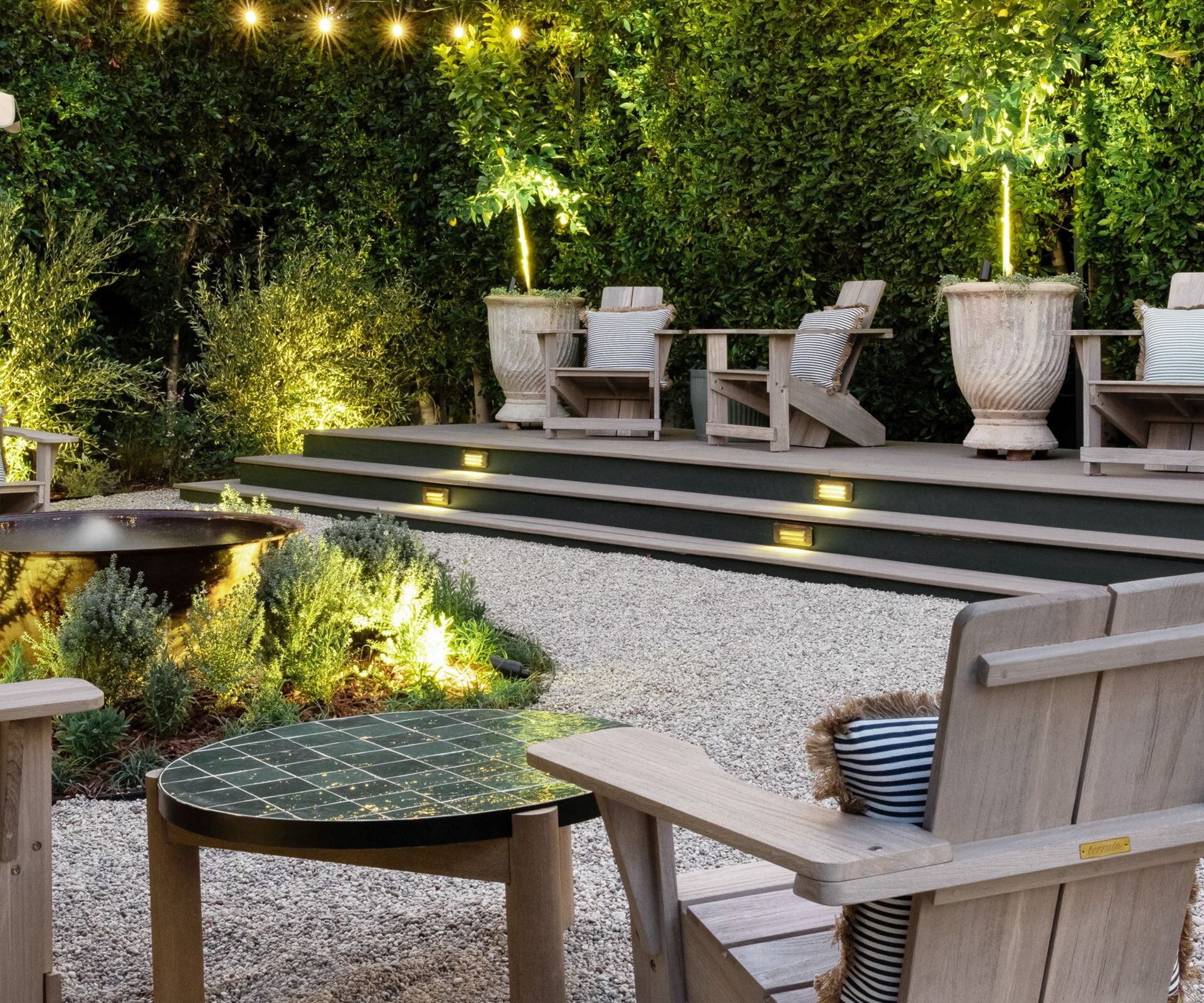 Outdoor patio seating with string lights