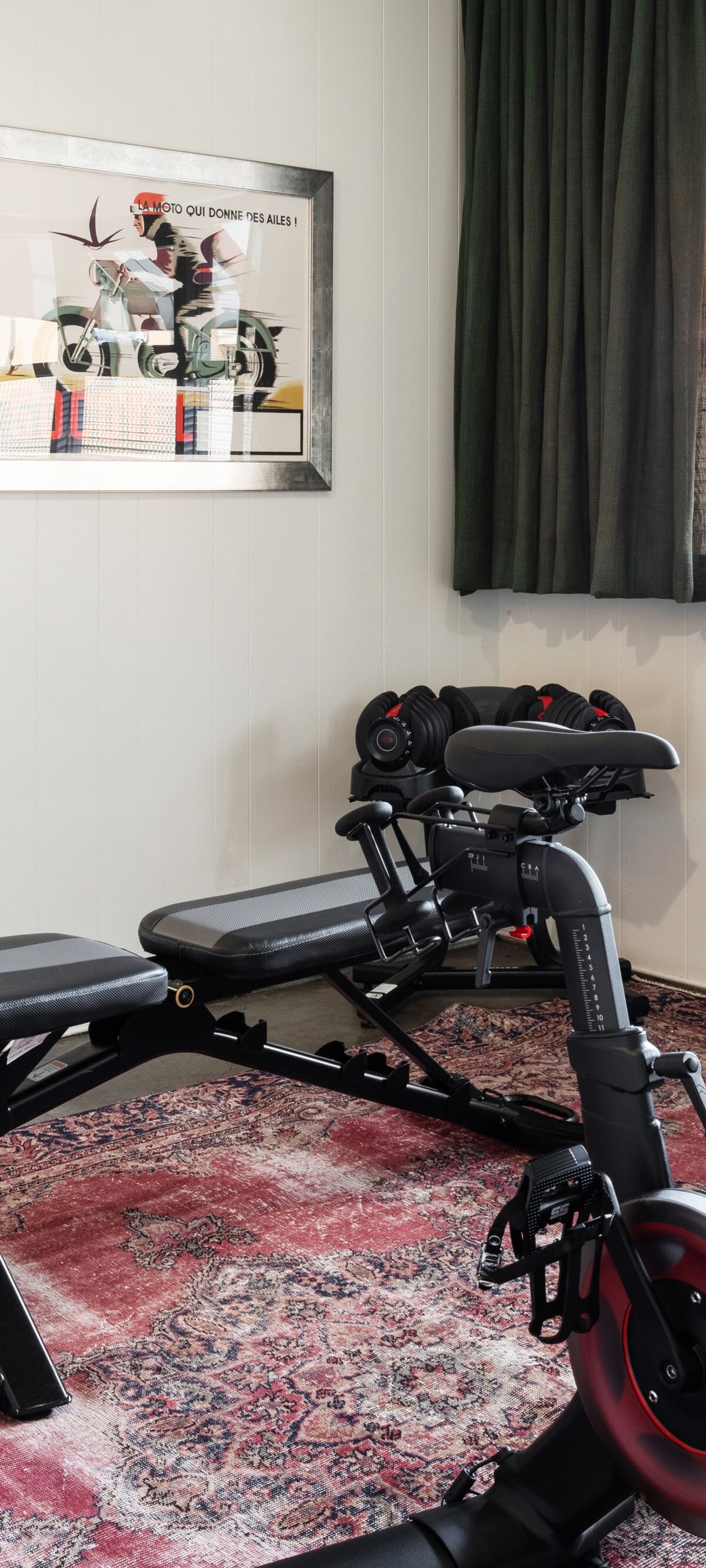 Fitness room with bike, bench, wall mirror