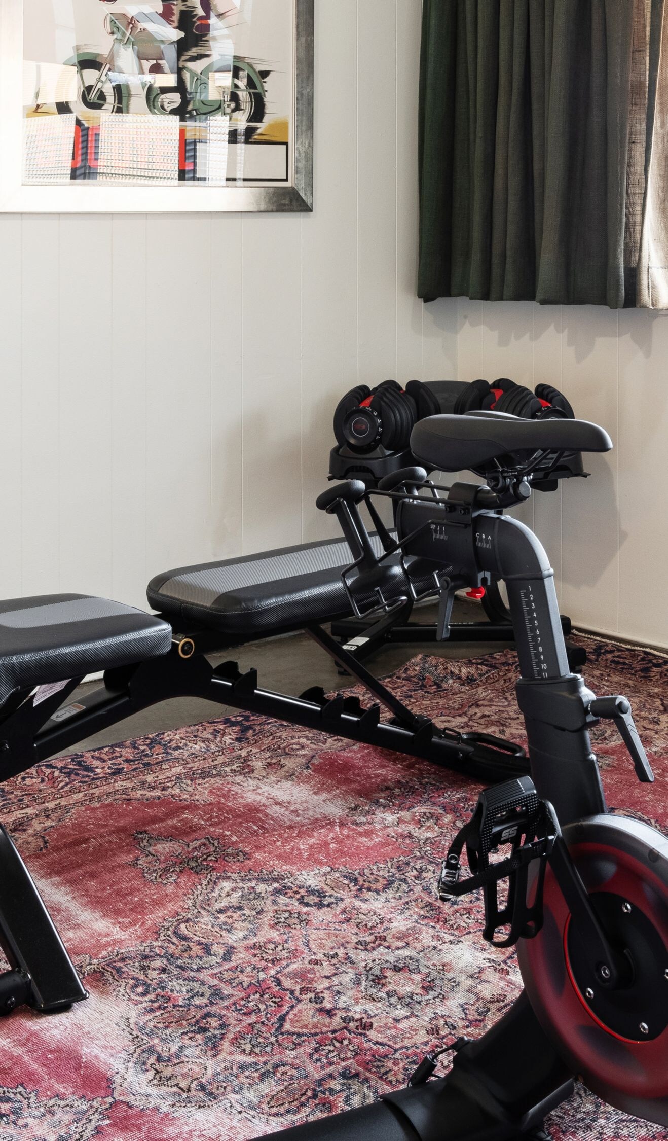 Fitness room with bike, bench, wall mirror