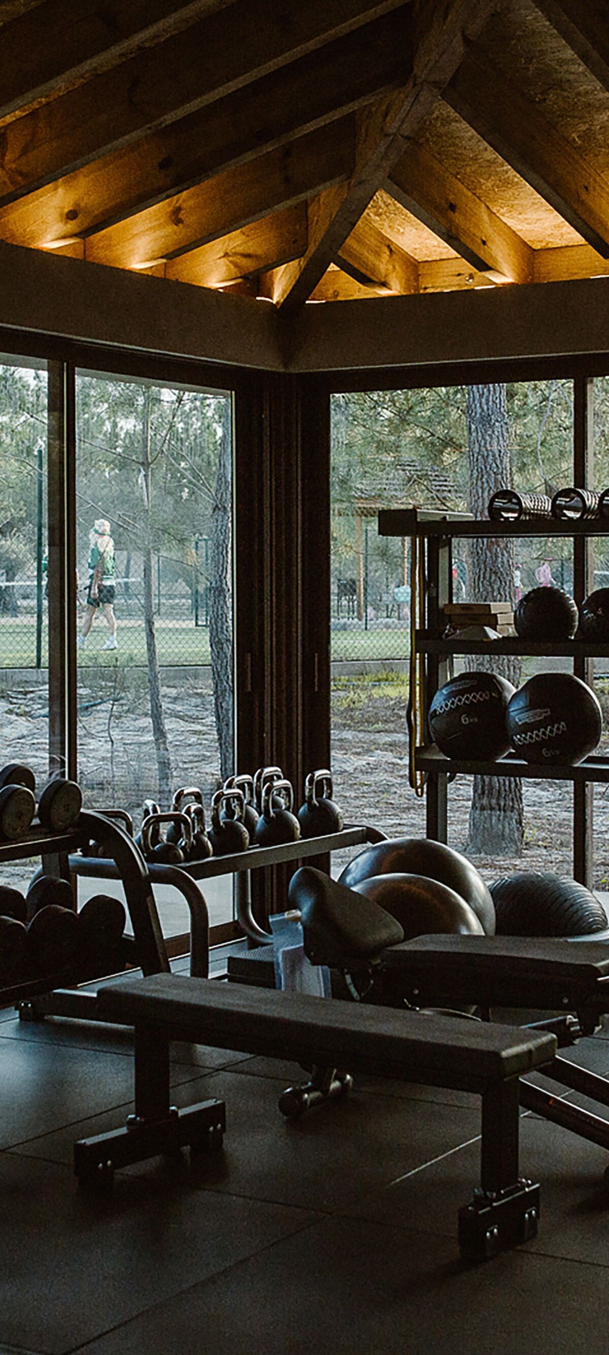 gym with exercise equipment, free weights