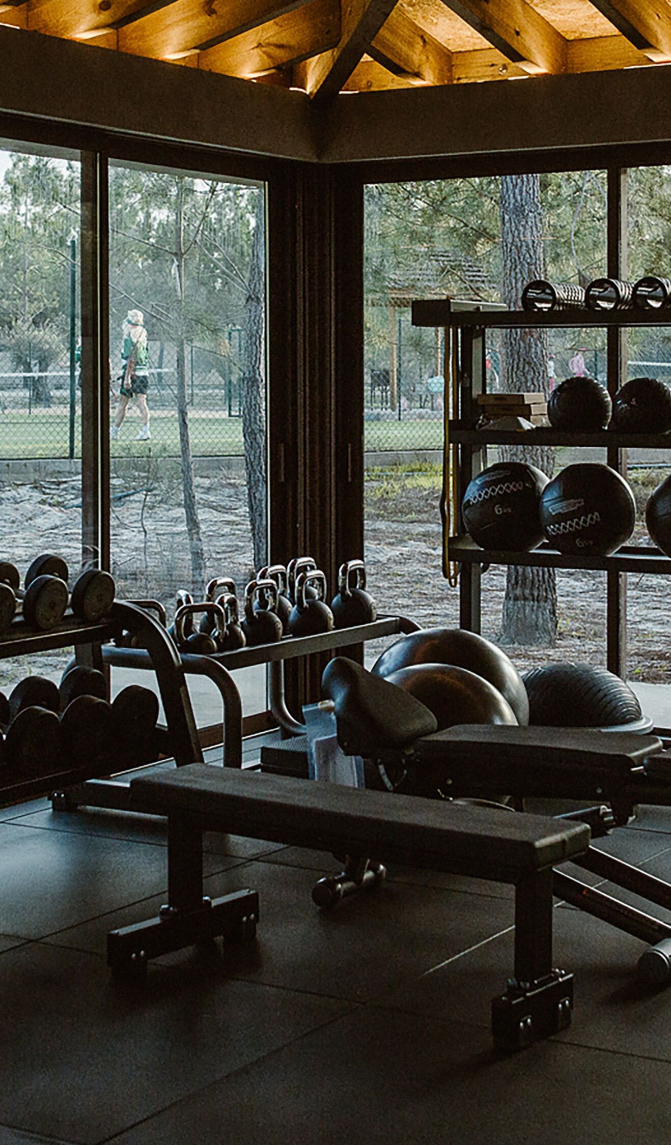 gym with exercise equipment, free weights