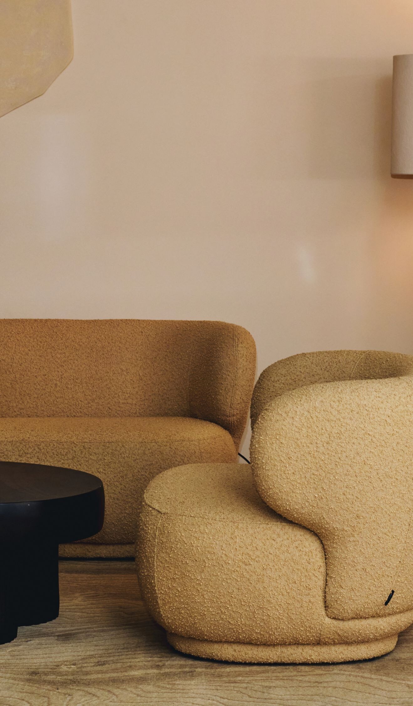 Modern lounge seating with coffee table and lamp