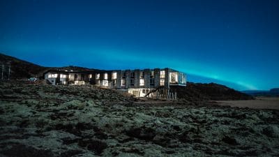 Exterior of hotel at night