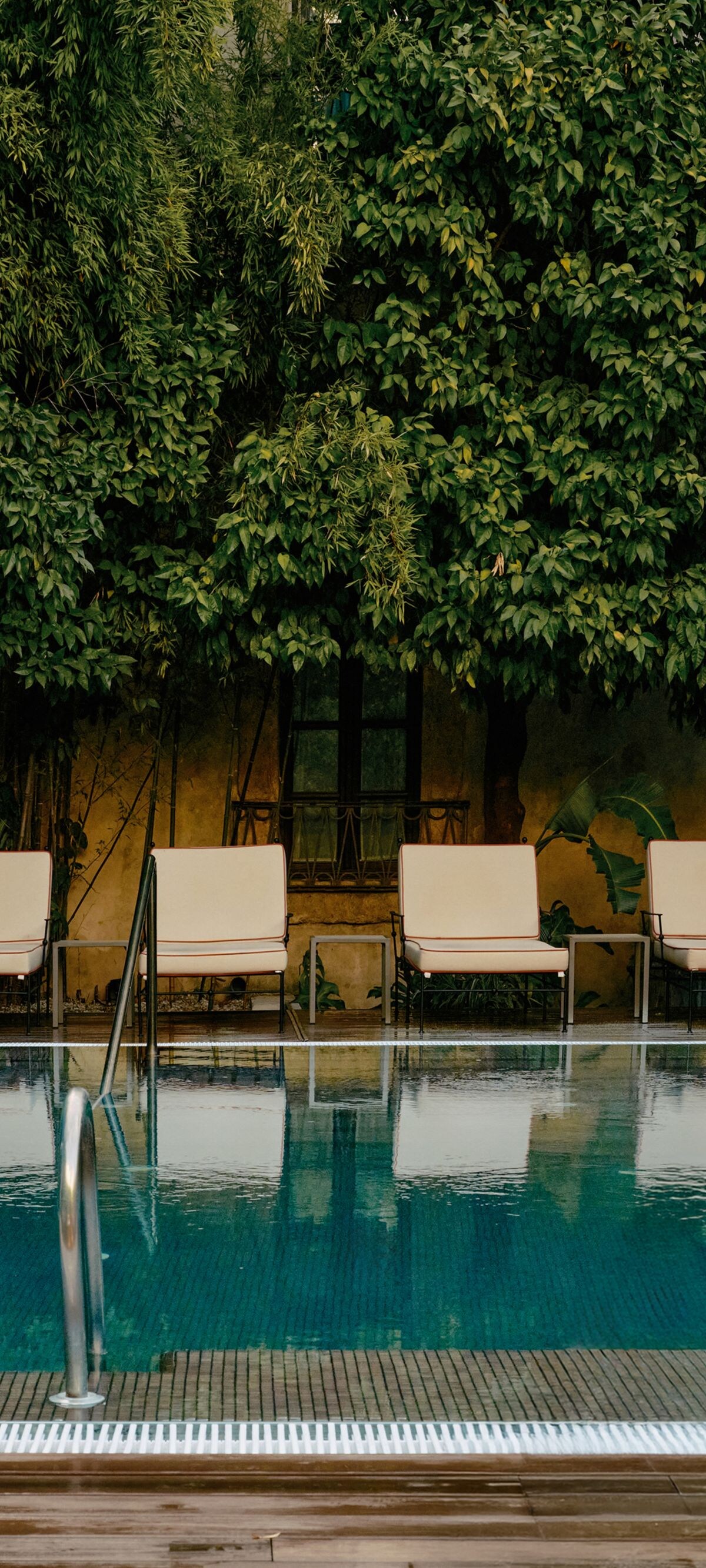 Outdoor pool with lounge chairs and garden