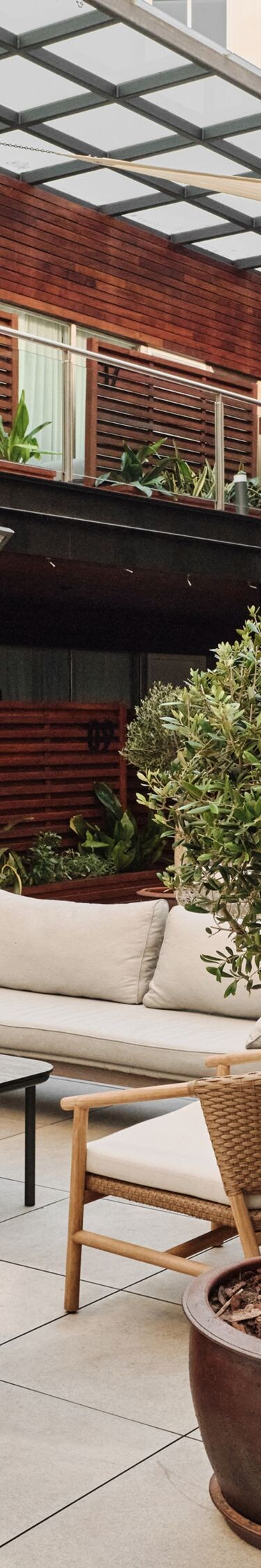 Patio con asientos, mesas y pequeños árboles