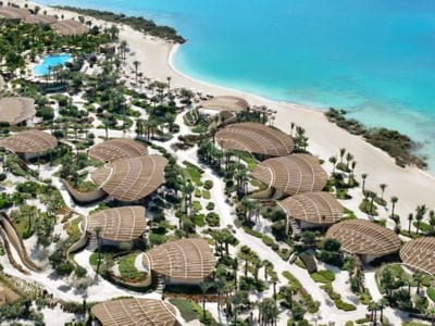Aerial view of coastline and resort